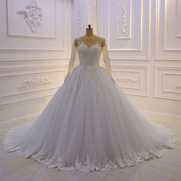 Gorgeous Bateau Long Sleeve Pearl Tulle Appliques Lace A-Line Wedding Dress_2