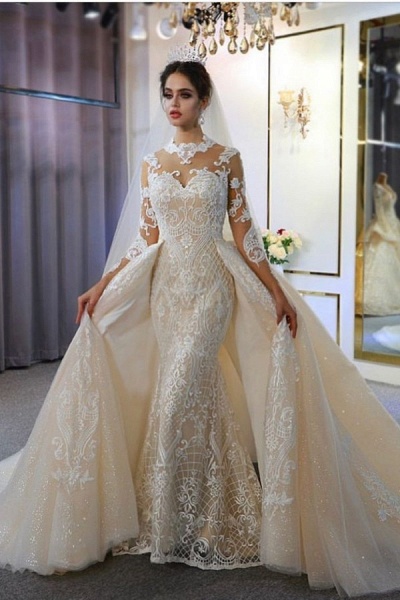 Gorgeous A-Line Sweetheart Long Sleeve Appliques Lace Floor-length Wedding Dress_1