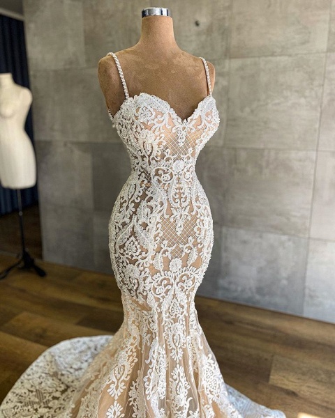 Sexy Sweetheart Spaghetti Straps Appliques Lace Floor-length Mermaid Wedding Dress_3
