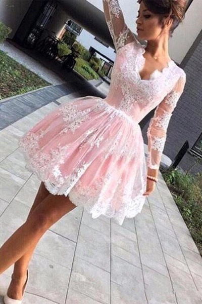 Pretty A-Line V-neck Long Sleeves Appliques Lace Tulle Short Prom Dress_1