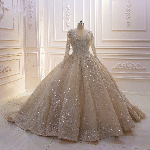 Glamorous Long Sleeve V-neck Sequin Beading Ruffles Ball Gown Wedding Dress_2