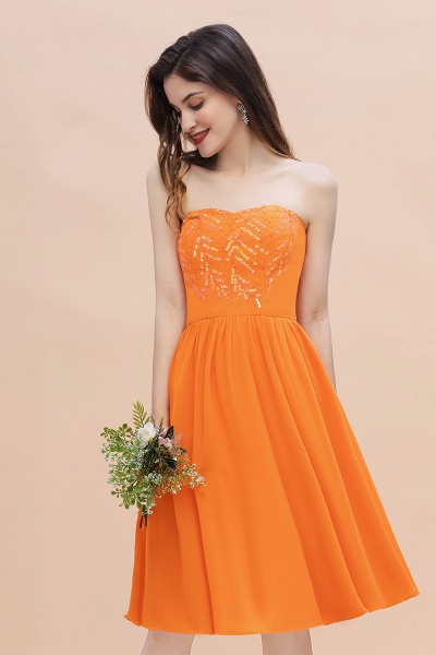 Orange Sequins A-Line Strapless Knee-length Chiffon Bridesmaid Dress_7