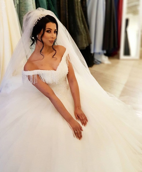 Elegant Off-the-shoulder Beading Backless Tulle Floor-length Princess Wedding Dress With Tassel_5