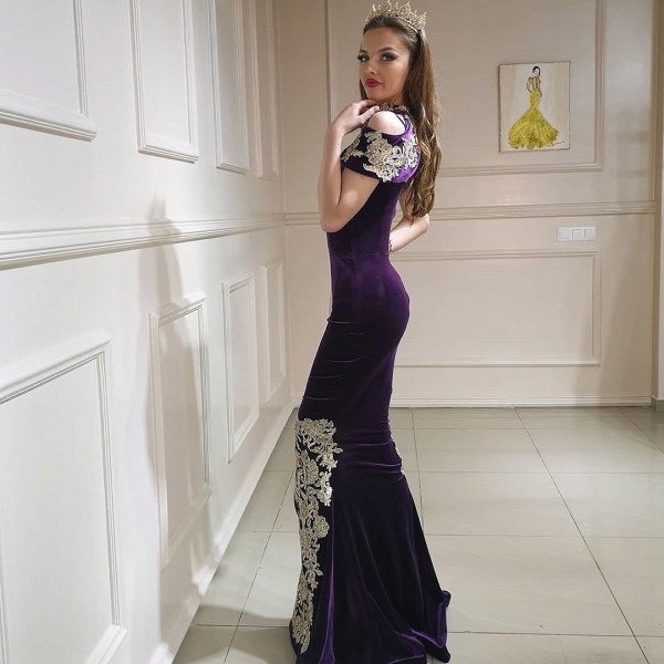 Unique High Neck Appliques Lace Backless Floor-length Velvet Mermaid Prom Dress_2