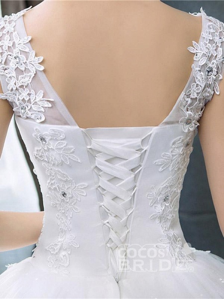 Ärmelloses Ballkleid-Hochzeitskleid mit V-Ausschnitt, Spitze und Blumendruck_6