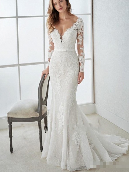 Mermaid \ Trumpet Wedding Dresses V Neck Sweep \ Brush Train Lace Tulle Long Sleeve Country Illusion Sleeve_1