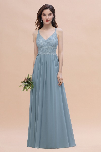 A-Line Ruched Bridesmaid Dress V-Neck Lace Chiffon Floor-length Evening Dress_1