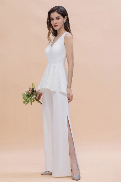 Weißes Brautjungfernkleid mit V-Ausschnitt, breiten Trägern, bodenlanger Overall mit Schärpe_7