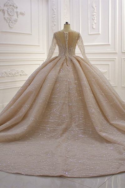 Gorgeous Bateau Crystal Long Sleeve Ruffles Floor-length Ball Gown Wedding Dress_5