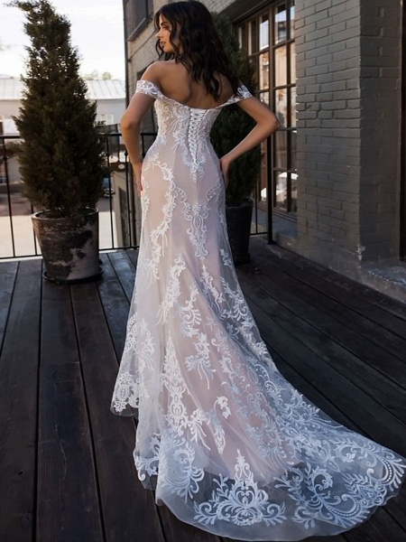 Mermaid \ Trumpet Wedding Dresses Sweetheart Neckline Court Train Lace Regular Straps Boho Illusion Detail_2