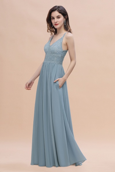 A-Line Ruched Bridesmaid Dress V-Neck Lace Chiffon Floor-length Evening Dress_7