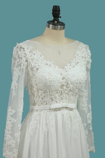 Langärmliges, bodenlanges Bateau-Hochzeitskleid aus Chiffon in A-Linie mit Rüschen_2