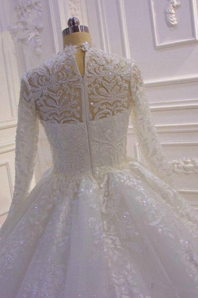 High-neck Long Sleeve Appliques Lace Ball Gown Ruffles Wedding Dress_5
