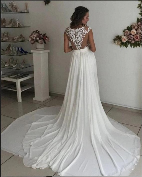 Simple Long A-line V-neck Chiffon Lace Wedding Dress with Slit_2
