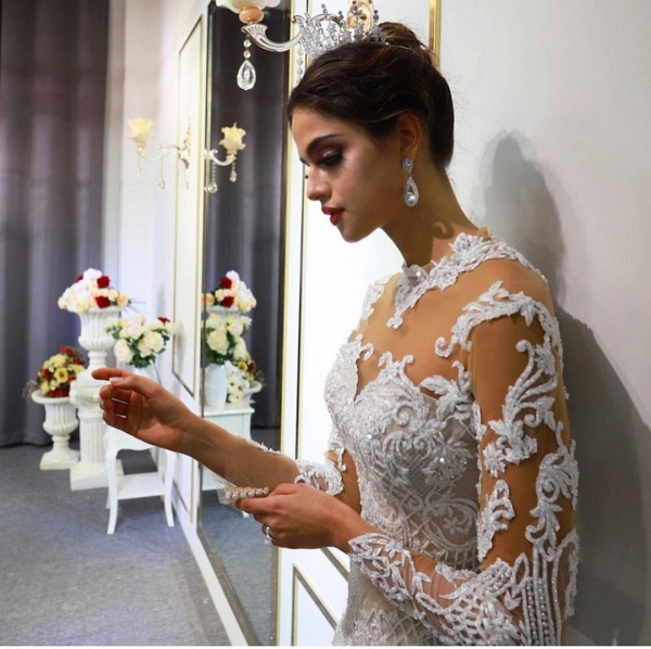 Gorgeous A-Line Sweetheart Long Sleeve Appliques Lace Floor-length Wedding Dress_5