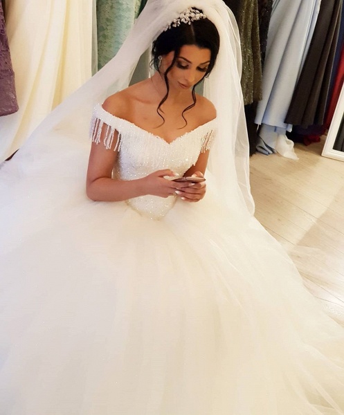 Elegant Off-the-shoulder Beading Backless Tulle Floor-length Princess Wedding Dress With Tassel_3