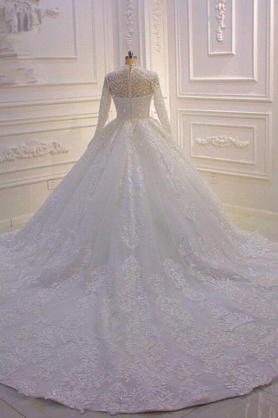 High-neck Long Sleeve Appliques Lace Ball Gown Ruffles Wedding Dress_3