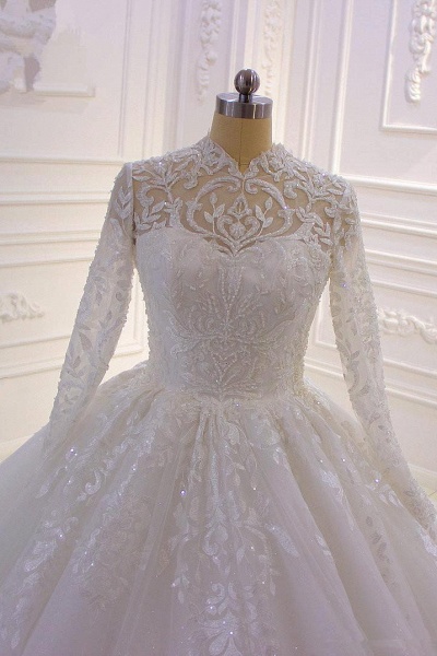 High-neck Long Sleeve Appliques Lace Ball Gown Ruffles Wedding Dress_4