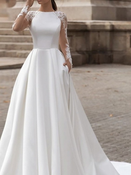 A-Line Wedding Dresses Jewel Neck Sweep \ Brush Train Lace Satin Long Sleeve Simple Sexy See-Through_3