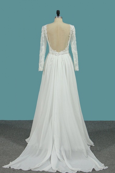 Langärmliges, bodenlanges Bateau-Hochzeitskleid aus Chiffon in A-Linie mit Rüschen_3