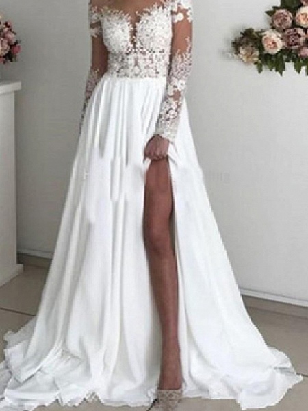 A-Line Wedding Dresses Off Shoulder Sweep \ Brush Train Chiffon Taffeta Stretch Satin Long Sleeve Country Sexy Plus Size_4