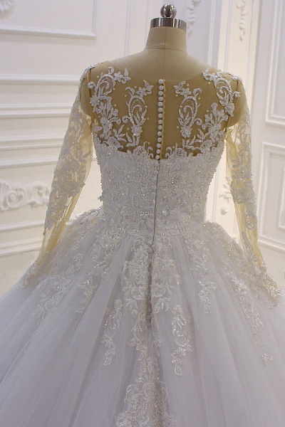 Gorgeous Bateau Long Sleeve Pearl Tulle Appliques Lace A-Line Wedding Dress_5