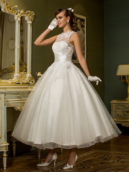 A-Linie Brautkleider Stehkragen Knöchellang Spitze über Tüll Regelmäßige Träger Vintage Kleines Weißes Kleid Illusionsdetail_3