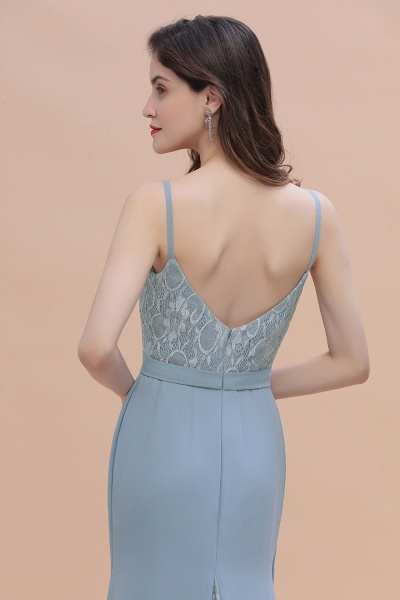 Einfaches Chiffon-Spitzenkleid mit V-Ausschnitt und offenem Rücken, bodenlanges Brautjungfernkleid im Meerjungfrau-Stil_10