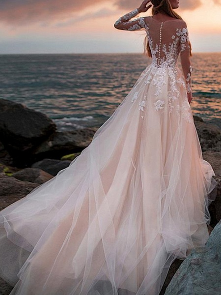 A-Line Wedding Dresses Jewel Neck Court Train Lace Tulle Long Sleeve Beach Sexy See-Through_2