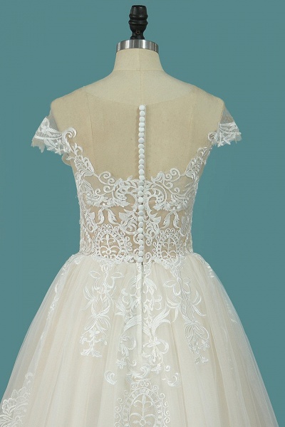 Elegant Bateau Appliques Lace A-Line Tulle Floor-length Ruffles Wedding Dress_4