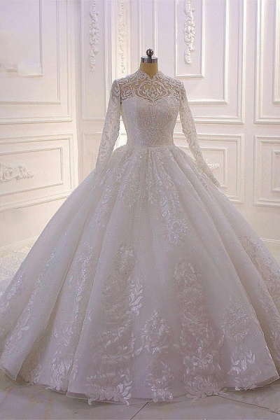 High-neck Long Sleeve Appliques Lace Ball Gown Ruffles Wedding Dress_1