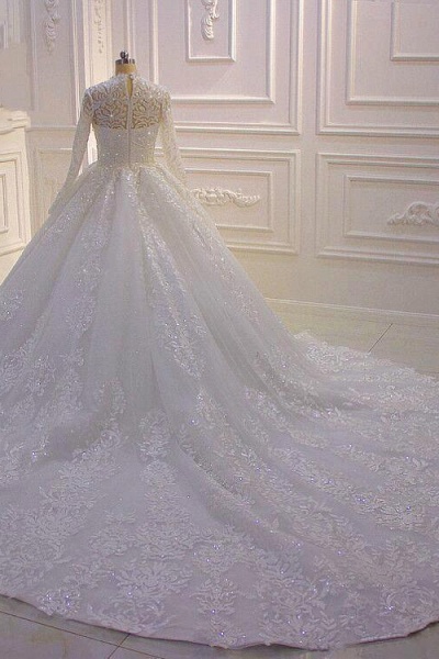 High-neck Long Sleeve Appliques Lace Ball Gown Ruffles Wedding Dress_6
