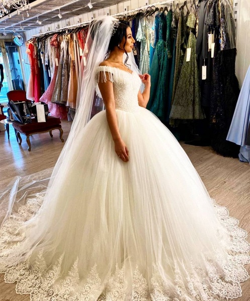 Elegant Off-the-shoulder Beading Backless Tulle Floor-length Princess Wedding Dress With Tassel_6