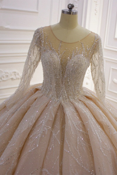 Gorgeous Bateau Crystal Long Sleeve Ruffles Floor-length Ball Gown Wedding Dress_4