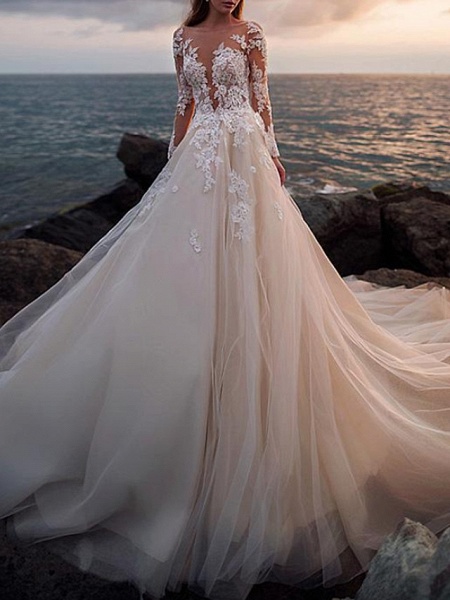 A-Line Wedding Dresses Jewel Neck Court Train Lace Tulle Long Sleeve Beach Sexy See-Through_3