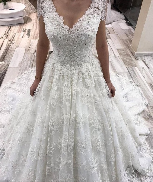 Classy A-Line Deep V-neck Appliques Lace Crystal Floor-length Wedding Dress_2