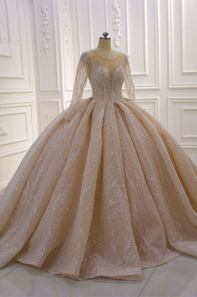 Gorgeous Bateau Crystal Long Sleeve Ruffles Floor-length Ball Gown Wedding Dress_3