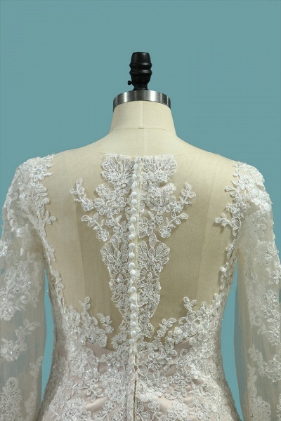 Vintage Long Sleeve Bateau Floor-length Mermaid Wedding Dress With Appliques Lace_4