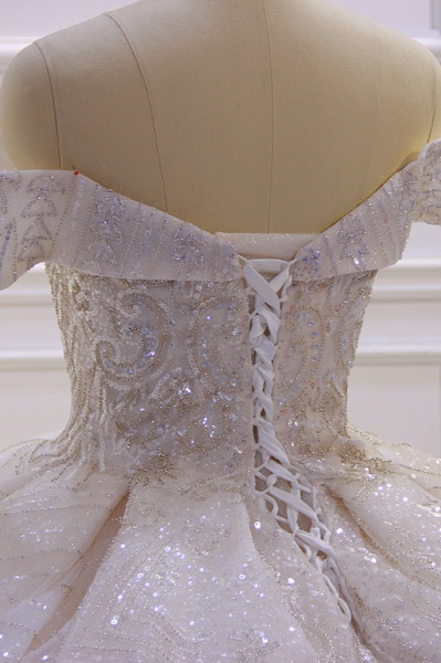 Classy Off the Shoulder Sequin Beading Satin Ruffles Ball Gown Wedding Dress_6