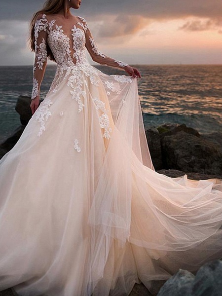 A-Line Wedding Dresses Jewel Neck Court Train Lace Tulle Long Sleeve Beach Sexy See-Through_1
