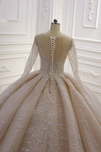 Gorgeous Bateau Crystal Long Sleeve Ruffles Floor-length Ball Gown Wedding Dress_6