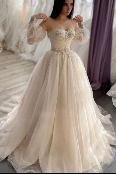 Vintage Sweetheart Long Sleeve Backless Appliques Lace Crystal Tulle A-Line Wedding Dress_1