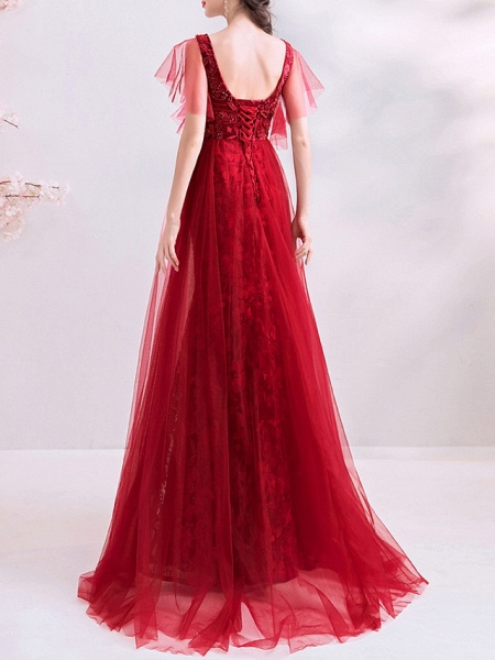A-Line Wedding Dresses V Neck Sweep \ Brush Train Polyester Short Sleeve Romantic Plus Size Red_4