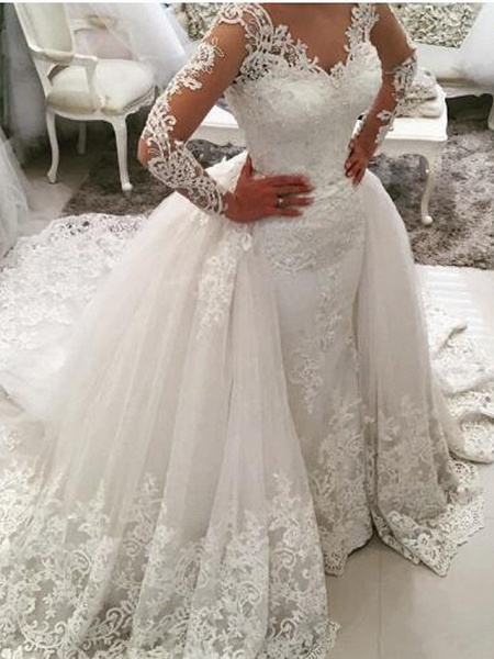 Ball Gown Mermaid \ Trumpet V Neck Sweep \ Brush Train Lace Tulle Lace Over Satin Long Sleeve Glamorous See-Through Illusion Sleeve Wedding Dresses_1