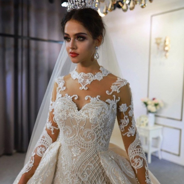 Gorgeous A-Line Sweetheart Long Sleeve Appliques Lace Floor-length Wedding Dress_3