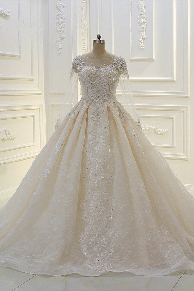 Long Sleeve Beading Bateau Appliques Lace Ball Gown Wedding Dress_1
