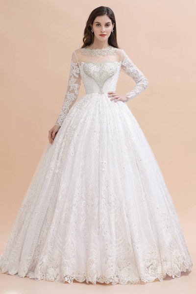 Long Sleeve Lace Crystal Beads Sheer Tulle Wedding Dress_1