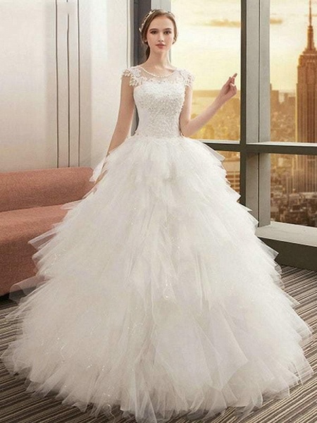 O Neck Appliques Bridal Gown Bohemian Long Lace Up Wedding Dress_1