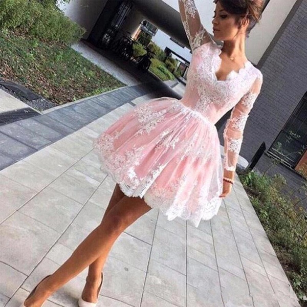 Pretty A-Line V-neck Long Sleeves Appliques Lace Tulle Short Prom Dress_2