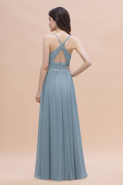 A-Line Ruched Bridesmaid Dress V-Neck Lace Chiffon Floor-length Evening Dress_3